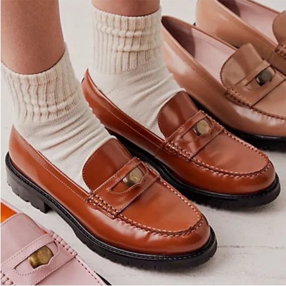 Free People Brown Leather Penny Loafers Flats - Picture 2 of 9